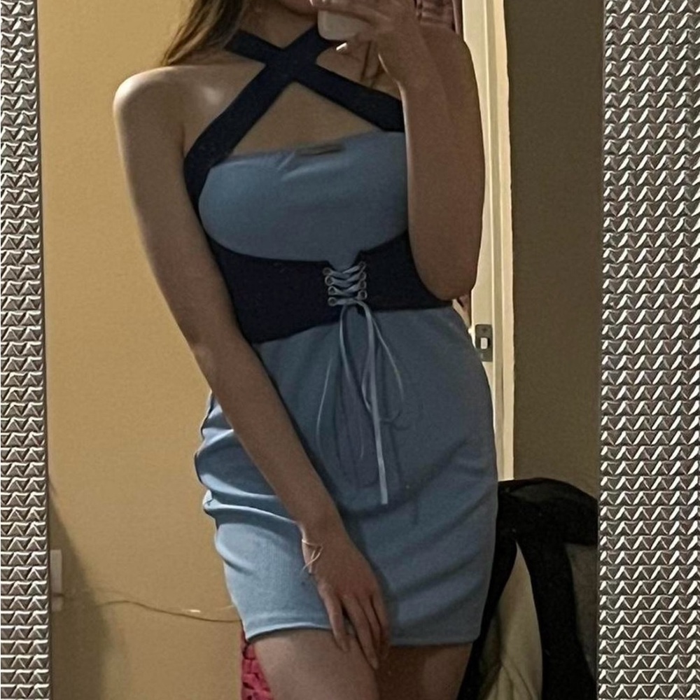 two toned ribbed blue halter dress